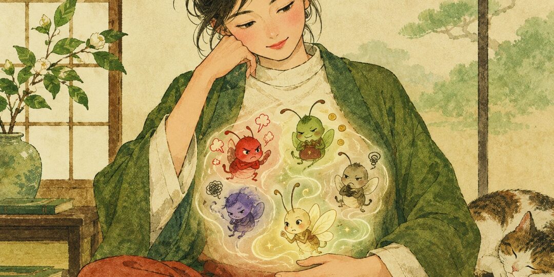 Illustration of a woman with expressive bugs in her belly, from Bugs Live in the Belly, Hiragana Times October 2026.