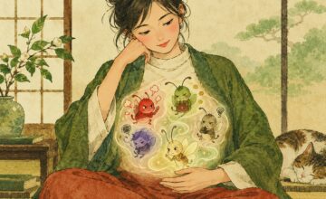 Illustration of a woman with expressive bugs in her belly, from Bugs Live in the Belly, Hiragana Times October 2026.