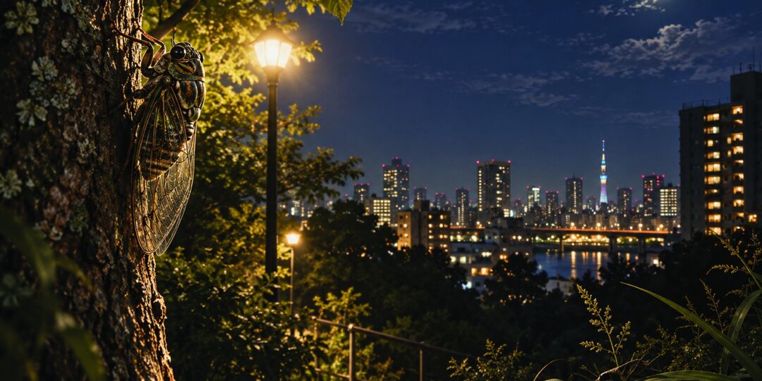 Cicadas in a tree overlooking an illuminated city at night