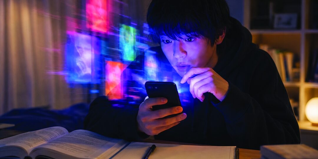 A person watching a smartphone beside open books — Dopamine brat