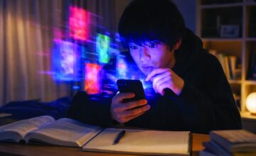 A person watching a smartphone beside open books — Dopamine brat