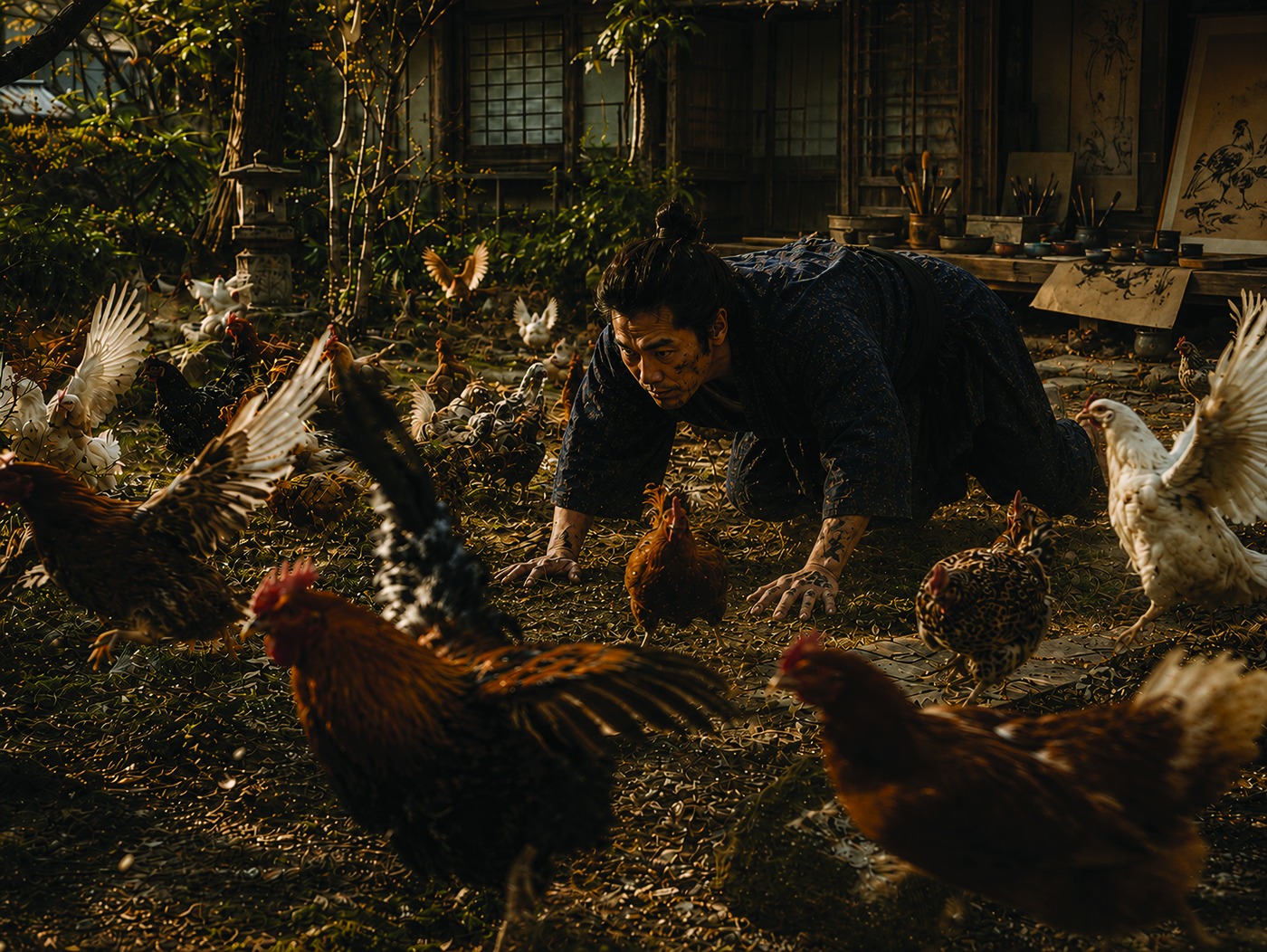 Jakuchū observing chickens at eye level / 鶏四つん這い