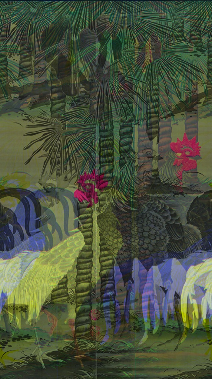 Roosters and Hemp Palm / 棕櫚雄鶏図