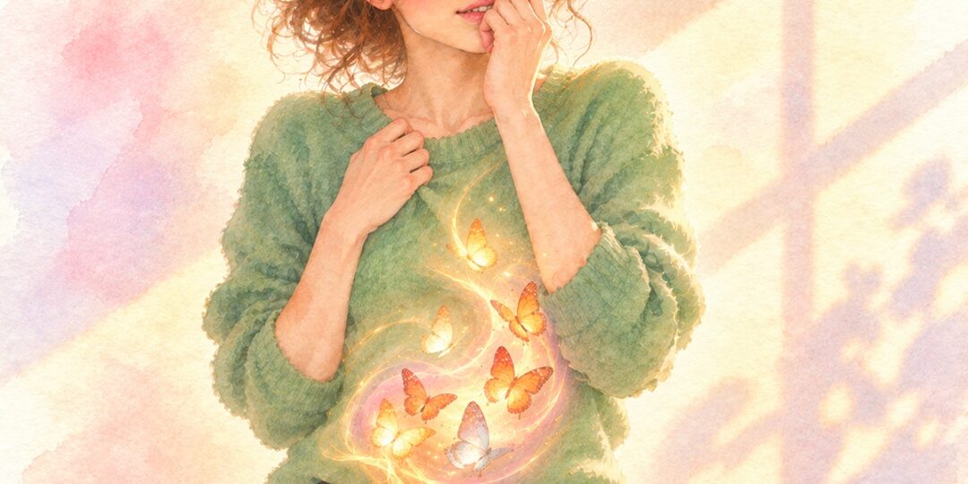 Illustration of a woman with glowing butterflies in her stomach