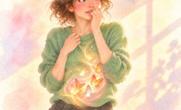 Illustration of a woman with glowing butterflies in her stomach