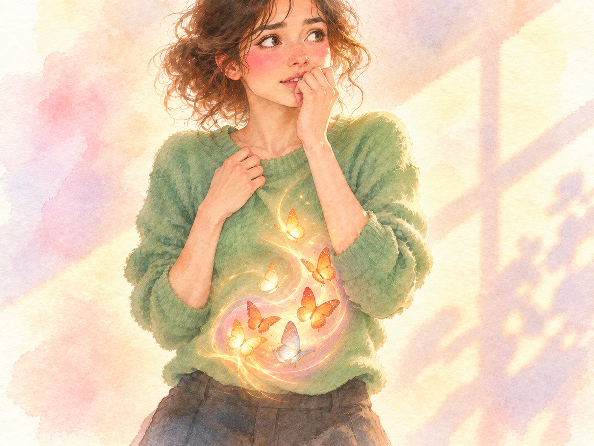 Illustration of a woman with glowing butterflies in her stomach