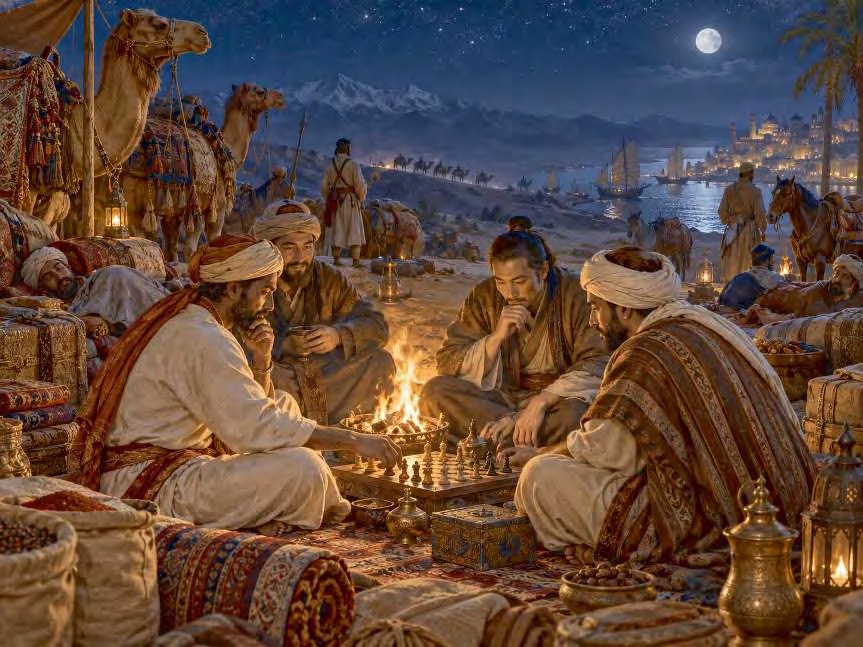 Travelers playing chaturanga by a campfire along the Silk Road
