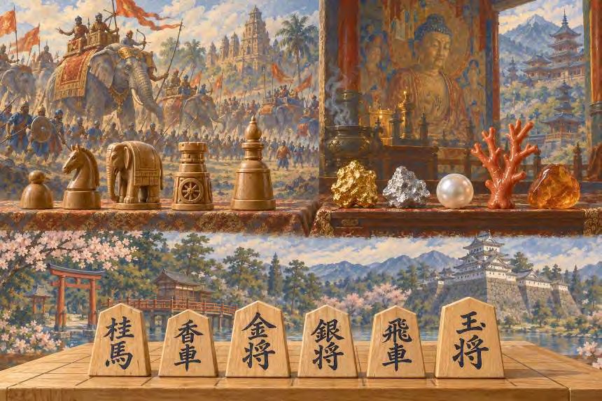 Indian army pieces, Buddhist treasures and Japanese shogi pieces