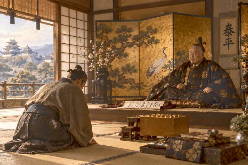 Ohashi Sokei receiving a stipend from Tokugawa Ieyasu