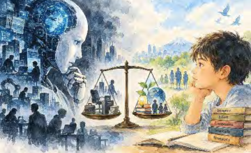 A balance weighing a human brain and a robot, illustrating whether AI is a threat to humanity