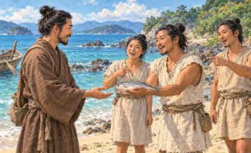 People meeting on an ancient Japanese shore, from The Story of Wa and Yamato, November 2026