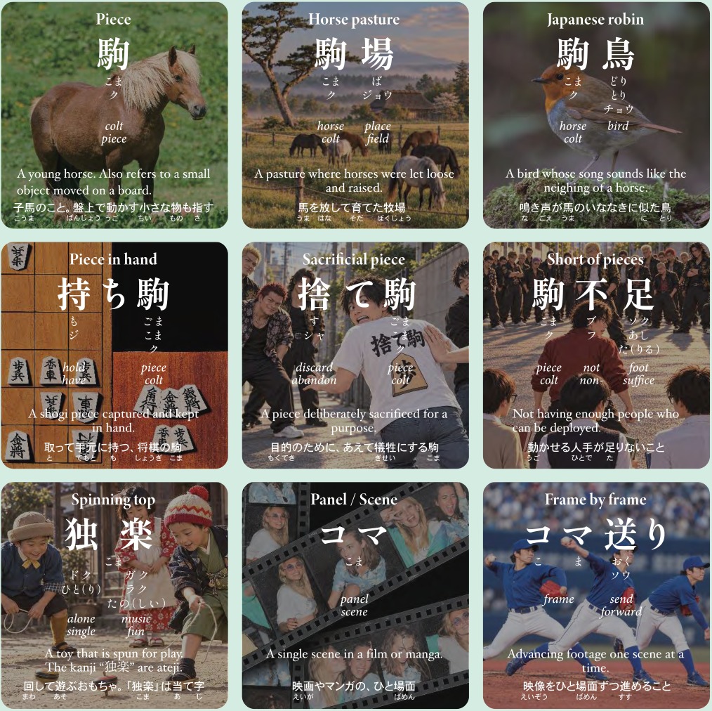 Words That Dwell in Koma: 駒, 駒場, 駒鳥, 持ち駒, 捨て駒, 駒不足, 独楽, コマ, コマ送り, with bilingual definitions and readings from Hiragana Times November 2026.